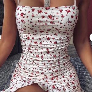 WORN ONCE white ruched mini dress with red roses